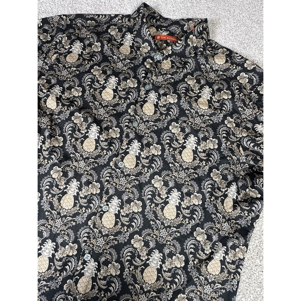 Tori Richard Men Large Black Pineapple Short Sleeve Hawaiian Shirt Beach Classic
